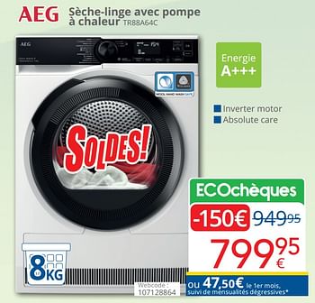 Promotions Aeg sèche-linge avec pompe à chaleur tr88a64c - AEG - Valide de 01/07/2023 à 31/07/2023 chez Eldi