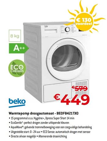 Promoties Beko warmtepomp droogautomaat - bedf8421txo - Beko - Geldig van 01/07/2023 tot 31/07/2023 bij Exellent