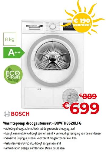 Promoties Bosch warmtepomp droogautomaat - bowth8520lfg - Bosch - Geldig van 01/07/2023 tot 31/07/2023 bij Exellent