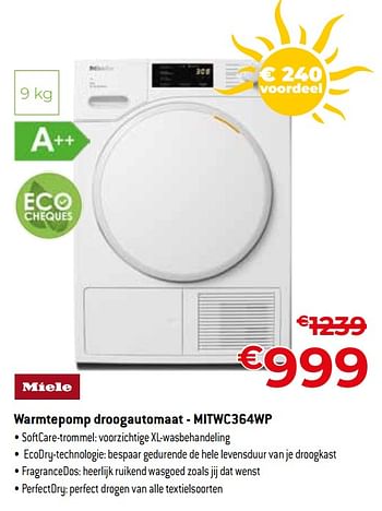 Promoties Miele warmtepomp droogautomaat - mitwc364wp - Miele - Geldig van 01/07/2023 tot 31/07/2023 bij Exellent