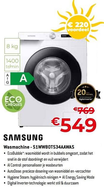 Promoties Samsung wasmachine - s1ww80t534aawas - Samsung - Geldig van 01/07/2023 tot 31/07/2023 bij Exellent