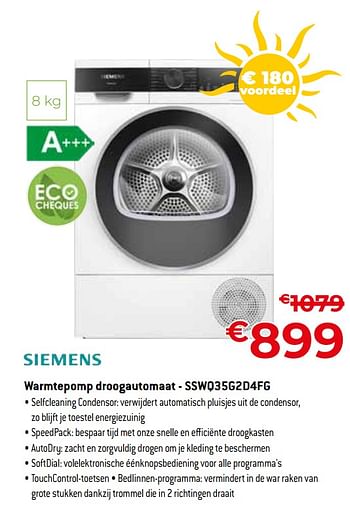 Promoties Siemens warmtepomp droogautomaat - sswq35g2d4fg - Siemens - Geldig van 01/07/2023 tot 31/07/2023 bij Exellent