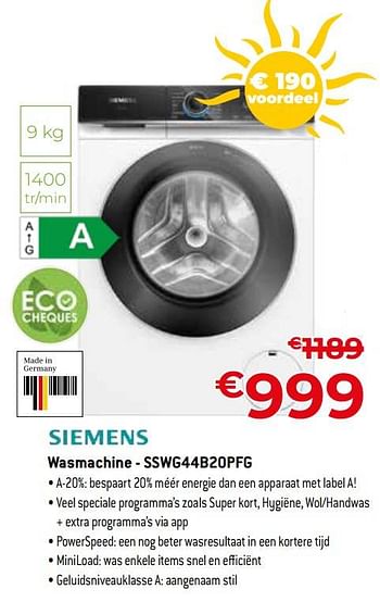 Promoties Siemens wasmachine - sswg44b20pfg - Siemens - Geldig van 01/07/2023 tot 31/07/2023 bij Exellent