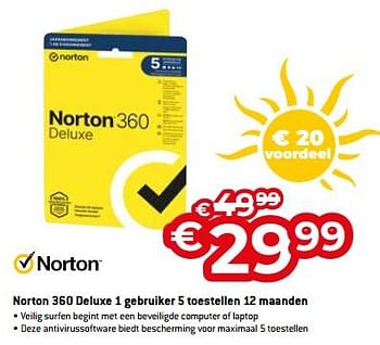 Promotions Norton 360 deluxe 1 gebruiker 5 toestellen 12 maanden - Norton - Valide de 01/07/2023 à 31/07/2023 chez Exellent