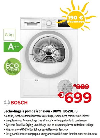 Promotions Bosch sèche-linge à pompe à chaleur - bowth8520lfg - Bosch - Valide de 01/07/2023 à 31/07/2023 chez Exellent