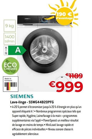 Promotions Siemens lave-linge - sswg44b20pfg - Siemens - Valide de 01/07/2023 à 31/07/2023 chez Exellent