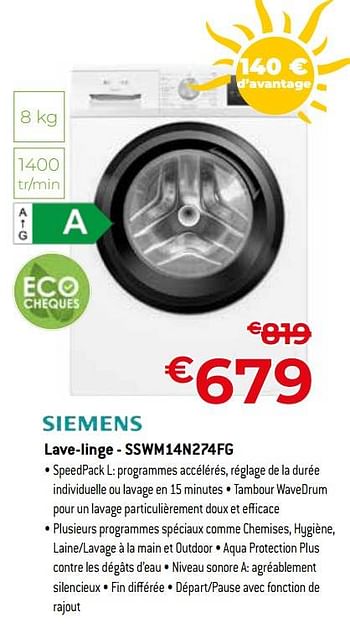 Promotions Siemens lave-linge - sswm14n274fg - Siemens - Valide de 01/07/2023 à 31/07/2023 chez Exellent