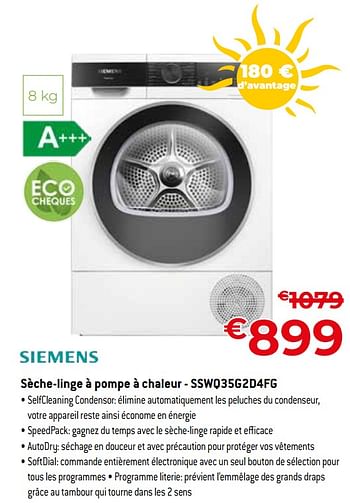 Promotions Siemens sèche-linge à pompe à chaleur - sswq35g2d4fg - Siemens - Valide de 01/07/2023 à 31/07/2023 chez Exellent