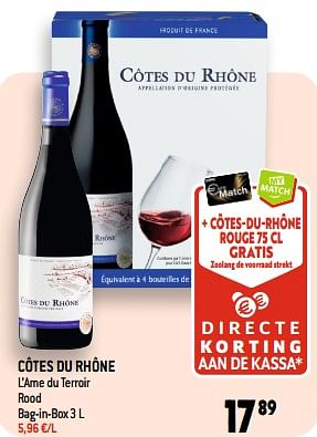 Promoties Côtes du rhône l’ame du terroir rood bag-in-box - Rode wijnen - Geldig van 05/07/2023 tot 11/07/2023 bij Smatch