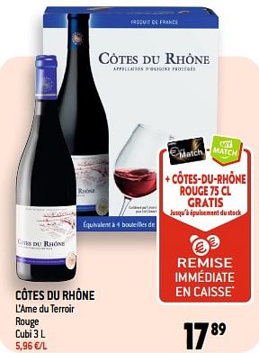 Promotions Côtes du rhône l’ame du terroir rouge cubi - Vins rouges - Valide de 05/07/2023 à 11/07/2023 chez Smatch