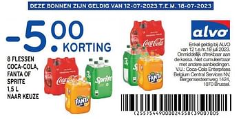 Promoties 8 flessen coca-cola, fanta of sprite - 5.00 korting - Huismerk - Alvo - Geldig van 12/07/2023 tot 18/07/2023 bij Alvo