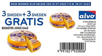 Promoties Beemster jonge kaas 3 sneden + 3sneden gratis - Beemster - Geldig van 12/07/2023 tot 18/07/2023 bij Alvo