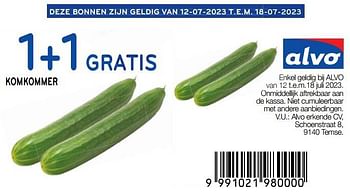 Promoties Komkommer 1+1 gratis - Huismerk - Alvo - Geldig van 12/07/2023 tot 18/07/2023 bij Alvo