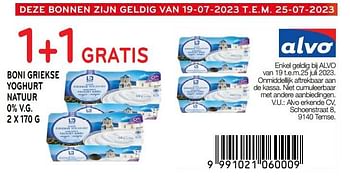 Promoties Boni griekse yoghurt natuur 1+1 gratis - Boni - Geldig van 19/07/2023 tot 25/07/2023 bij Alvo