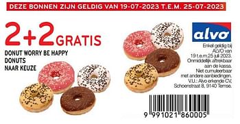 Promoties Donut worry be happy donuts 2+2 gratis - Huismerk - Alvo - Geldig van 19/07/2023 tot 25/07/2023 bij Alvo