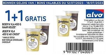 Promotions Boer’n vla 1+1 gratis - De Zuivelhoeve - Valide de 12/07/2023 à 18/07/2023 chez Alvo