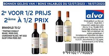 Promotions Brandvlei 2ième à 1-2 prix - Vins rouges - Valide de 12/07/2023 à 18/07/2023 chez Alvo