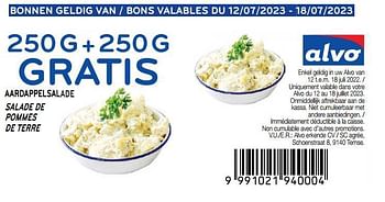 Promotions Salade de pommes de terre 250 g + 250 g gratis - Produit maison - Alvo - Valide de 12/07/2023 à 18/07/2023 chez Alvo