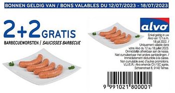 Promotions Saucisses barbecue 2+2 gratis - Produit maison - Alvo - Valide de 12/07/2023 à 18/07/2023 chez Alvo