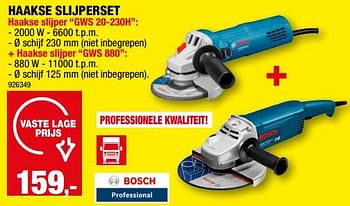 Promoties Bosch haakse slijperset haakse slijper gws 20-230h + haakse slijper gws 880 - Bosch - Geldig van 12/07/2023 tot 23/07/2023 bij Hubo