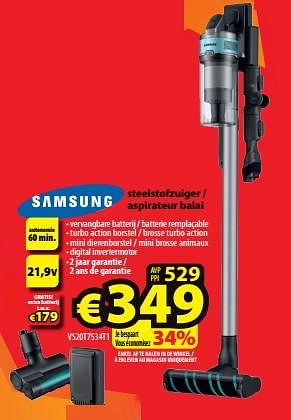 Promoties Samsung steelstofzuiger - aspirateur balai vs20t7534t1 - Samsung - Geldig van 12/07/2023 tot 19/07/2023 bij ElectroStock