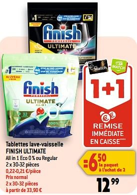 Promotions Tablettes lave-vaisselle finish ultimate all in 1 eco 0 % ou regular - Finish - Valide de 12/07/2023 à 18/07/2023 chez Smatch