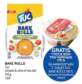 Promoties Bake rolls tuc gratis 1 potje boni trio tapenade bij aankoop van 2 zakjes tuc bake rolls - Lu - Geldig van 26/07/2023 tot 08/08/2023 bij Alvo