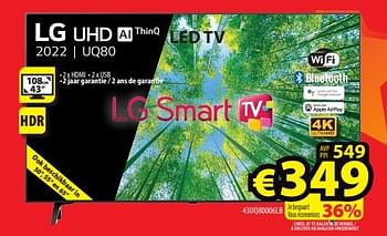 Promoties Lg uhd ai thinq led tv 43uq80006lb - LG - Geldig van 19/07/2023 tot 26/07/2023 bij ElectroStock