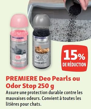 Promotions Premiere deo pearls ou odor stop 15% de réduction - Premiere - Valide de 02/08/2023 à 07/08/2023 chez Maxi Zoo