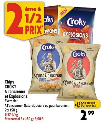 Promotions Chips croky a l’ancienne - naturel poivre ou paprika-onion - Croky - Valide de 19/07/2023 à 25/07/2023 chez Smatch