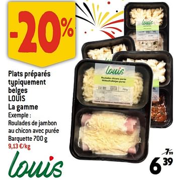 Promotions Plats préparés typiquement belges louis roulades de jambon au chicon avec purée - Louis - Valide de 19/07/2023 à 25/07/2023 chez Smatch