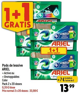 Promotions Pods de lessive ariel + active ou + unstoppables color - Ariel - Valide de 19/07/2023 à 25/07/2023 chez Louis Delhaize