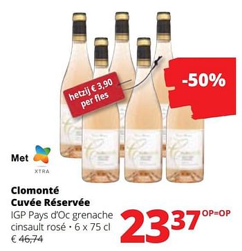 Promoties Clomonté cuvée réservée igp pays d’oc grenache cinsault rosé - Rosé wijnen - Geldig van 27/07/2023 tot 09/08/2023 bij Spar (Colruytgroup)