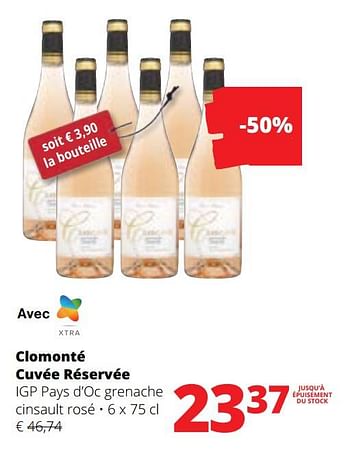 Promotions Clomonté cuvée réservée igp pays d’oc grenache cinsault rosé - Vins rosé - Valide de 27/07/2023 à 09/08/2023 chez Spar (Colruytgroup)