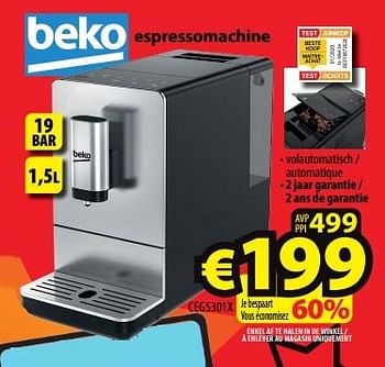 Promotions Beko espressomachine ceg5301x - Beko - Valide de 26/07/2023 à 02/08/2023 chez ElectroStock