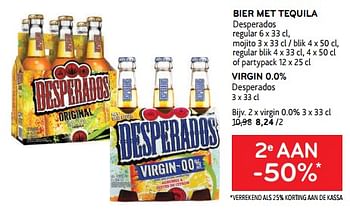 Promoties Bier met tequila desperados + virgin 0.0% desperados 2e aan -50% - Desperados - Geldig van 09/08/2023 tot 22/08/2023 bij Alvo