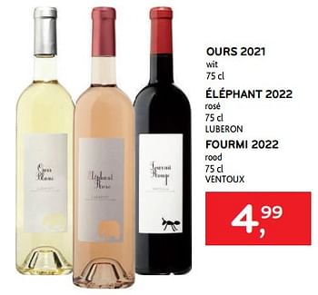 Promoties Ours 2021 wit + éléphant 2022 rosé + fourmi 2022 rood - Witte wijnen - Geldig van 09/08/2023 tot 22/08/2023 bij Alvo
