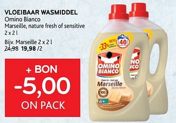 Promoties Vloeibaar wasmiddel omino bianco + bon -5,00 on pack - Omino Bianco - Geldig van 09/08/2023 tot 22/08/2023 bij Alvo