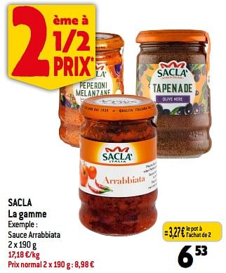 Promotions Sacla sauce arrabbiata - Sacla - Valide de 26/07/2023 à 01/08/2023 chez Louis Delhaize