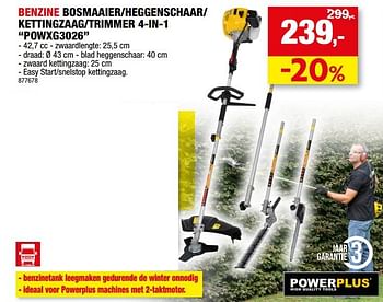 Promotions Powerplus benzine bosmaaier-heggenschaar- kettingzaag-trimmer 4-in-1 powxg3026 - Powerplus - Valide de 26/07/2023 à 06/08/2023 chez Hubo
