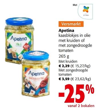 Promoties Apetina kaasblokjes in olie met kruiden of met zongedroogde tomaten - apetina - Geldig van 26/07/2023 tot 08/08/2023 bij Colruyt