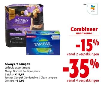 Promoties Always of tampax volledig assortiment - Huismerk - Colruyt - Geldig van 26/07/2023 tot 08/08/2023 bij Colruyt