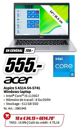 Promotions Acer aspire 5 a514-54-5741 windows-laptop - Acer - Valide de 21/08/2023 à 27/08/2023 chez Media Markt