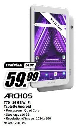 Promotions Archos t70 - 16 gb wi-fi tablette android - Archos - Valide de 21/08/2023 à 27/08/2023 chez Media Markt