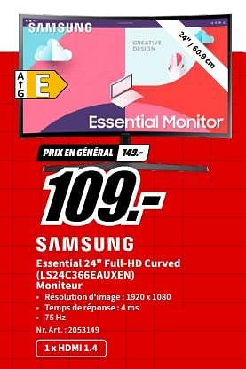 Promotions Samsung essential 24`` full-hd curved ls24c366eauxen moniteur - Samsung - Valide de 21/08/2023 à 27/08/2023 chez Media Markt