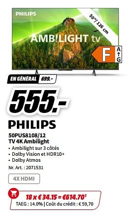 Promotions Philips 50pus8108-12 tv 4k ambilight - Philips - Valide de 21/08/2023 à 27/08/2023 chez Media Markt