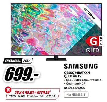 Promotions Samsung qe55q74batxxn qled 4k tv - Samsung - Valide de 21/08/2023 à 27/08/2023 chez Media Markt