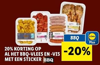 Promoties 20% korting op al het bbq-vlees en -vis met een sticker bbq - Huismerk - Lidl - Geldig van 23/08/2023 tot 29/08/2023 bij Lidl