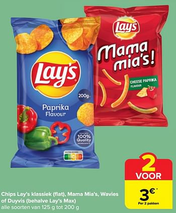 Promoties Chips lay’s klassiek flat, mama mia’s, wavies of duyvis - Huismerk - Carrefour Express - Geldig van 23/08/2023 tot 29/08/2023 bij Carrefour Express