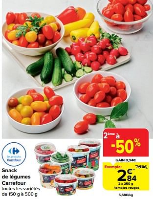 Promotions Snack de légumes carrefour tomates rouges - Produit maison - Carrefour  - Valide de 23/08/2023 à 29/08/2023 chez Carrefour